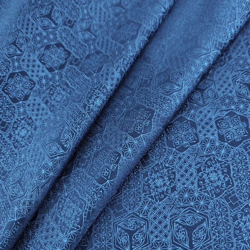 Song Brocade Jacquard Fabric Dark Blue Round Floral Subtle Pattern Modern Chinese Style Designer Gown Dress DIY Sewing