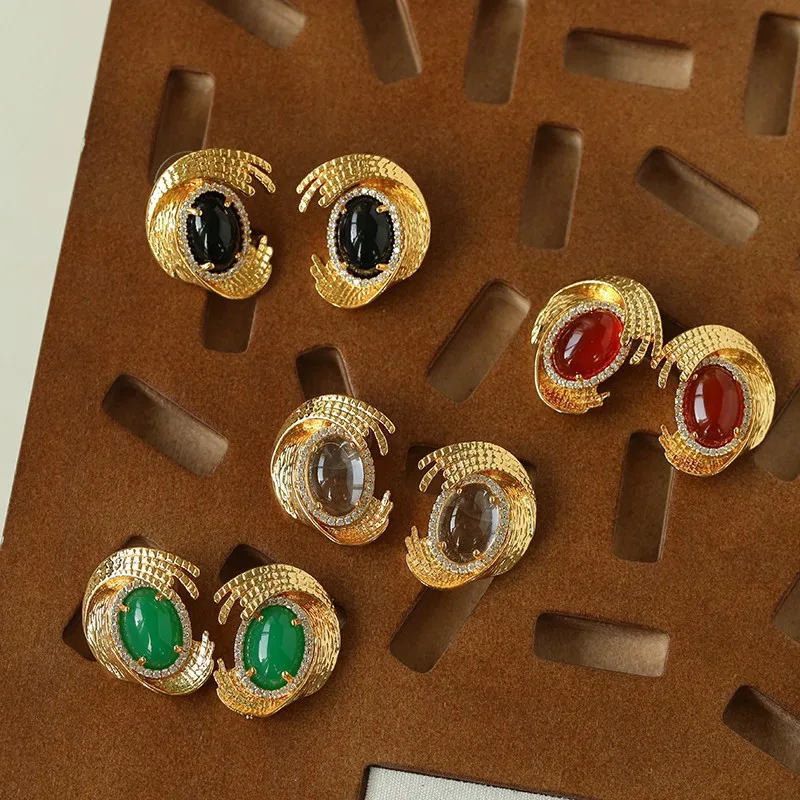 Vintage geometric oval agate earrings, fashionable and simple striped rotating versatile earrings for women, ideal gift.
