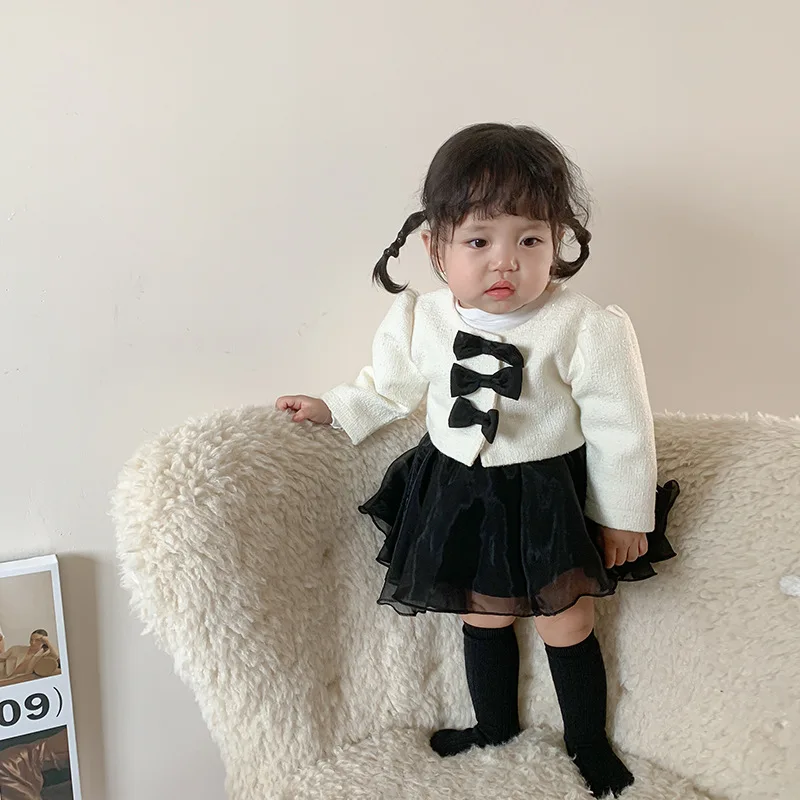 Baby Clothes Girls Suit Climb Spring and Autumn Girls Casual Simple Sweet Cute Bow Coat and Skirt Baby Fashion Two Piece Set