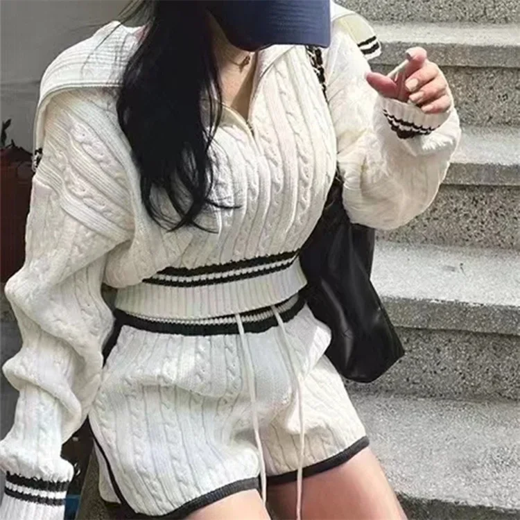 Women Twist Knit 2 Piece Set Korean Fashion Zipper Loose Long Sleeve Tops Casual All Match Female High Waist Shorts Sets