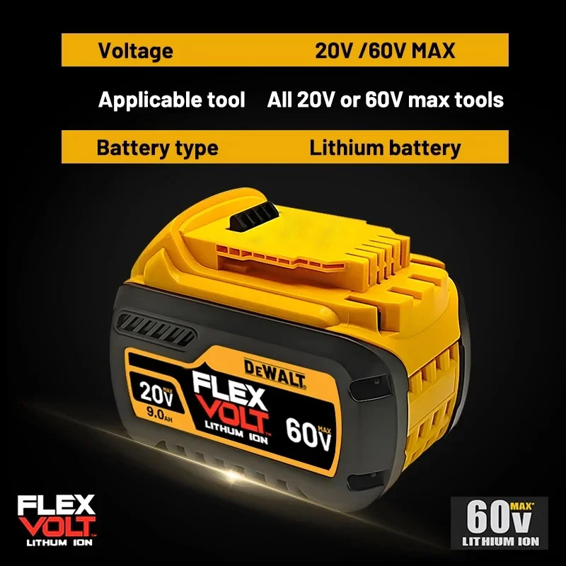 

DEWALT 60V 9Ah Battery DCB609 Flexvolt Lithium Ion Battery with DEWALT 20V/60V MAX Power Tools LED Indicator Long Runtime