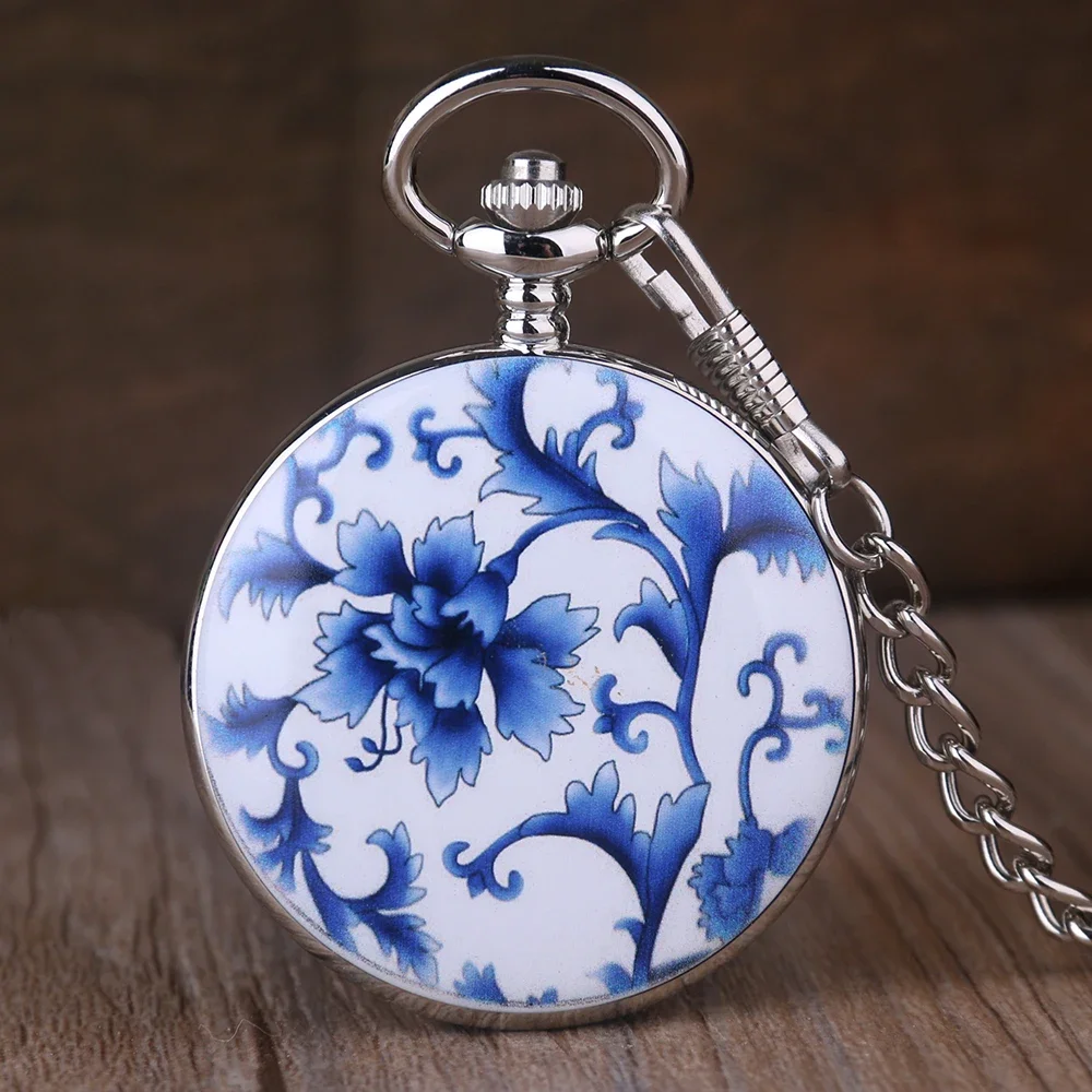 New Blue and White Porcelain Flower Design Pocket Watches Roman Number Steampunk Mechanical Pocket Watches Men Women Fob Chain