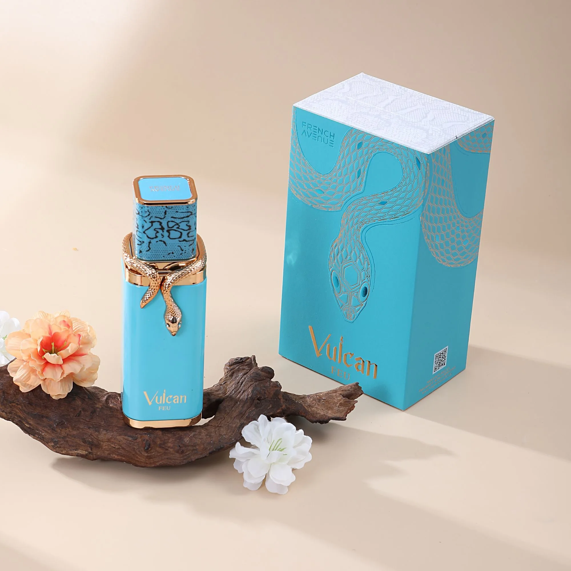 

Vulcan Feu Eau de Parfum: Turquoise Bottle with Gold Accents, Exotic Floral Scent for Women