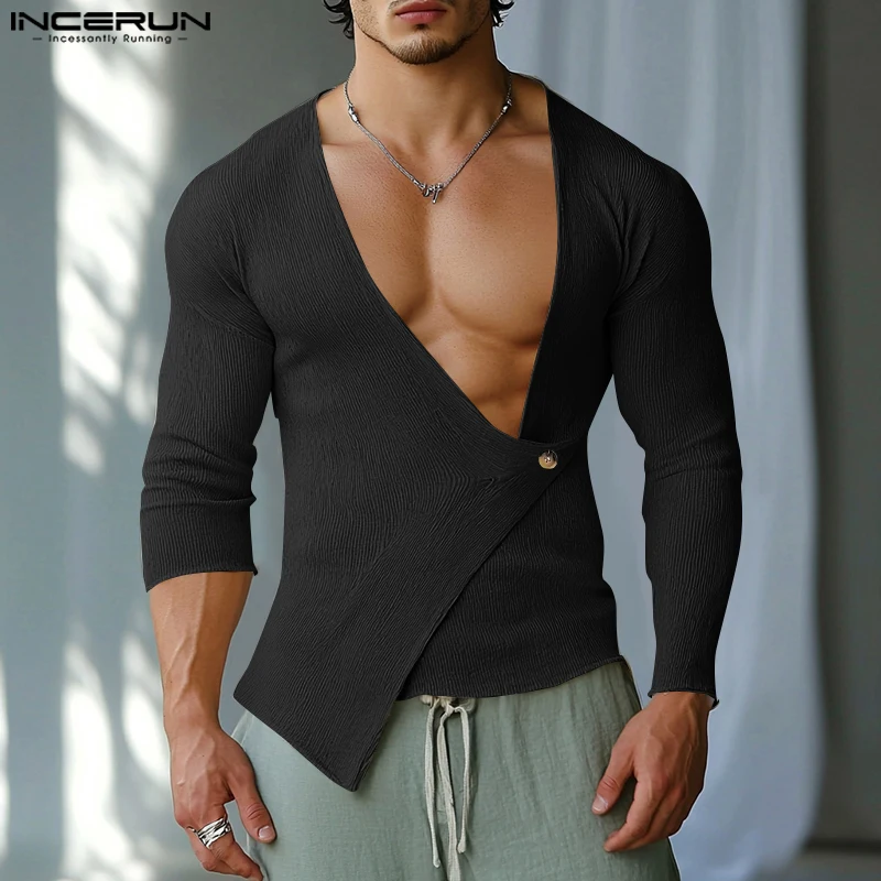 Fashion Sexy Style Tops INCERUN New Men's Deconstructive Texture T-shirts Streetwear Male Solid Long Sleeved Camiseta S-5XL 2024 image 3