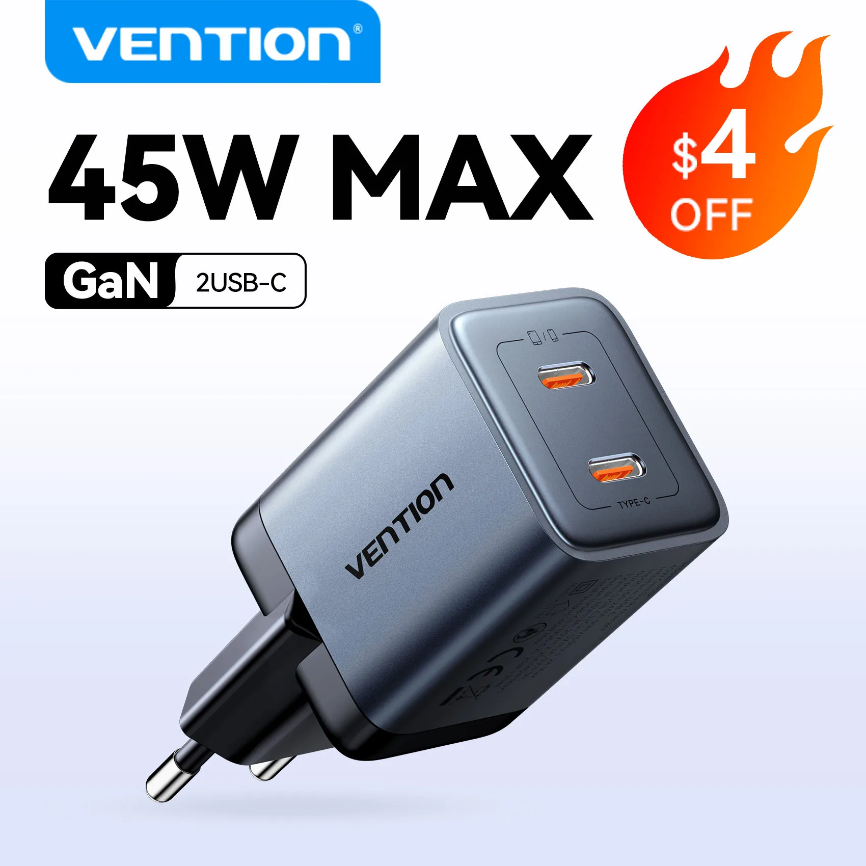 Зарядное устройство GaN Vention 45 Вт PD QC 3.0 Быстрое зарядное устройство USB C для iPhone 16 15 14 Pro Max Samsung S25 Xiaomi Зарядное устройство для планшета iPad и телефона