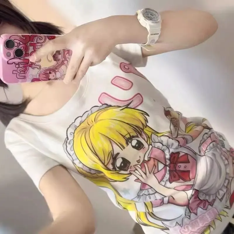 Deeptown Japanese Style Anime T-Shirts Women Harajuku Kawaii Cartoon Graphic Tees Y2k 2000s Cutecore Slim Up T-Shirts Aesthetic