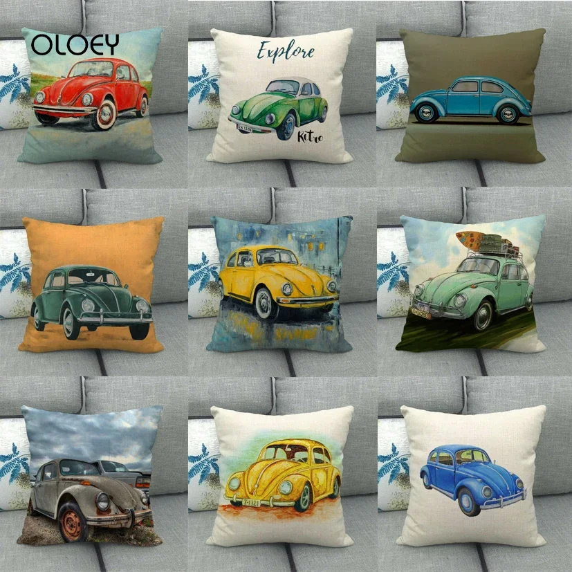 45cm * 45cm Unique Watercolor Car Beetle Design Linen / Cotton Pillowcase for Home Bedroom Hotel Car Decoration Pillowcase