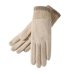 New winter  60%wool gloves women outdoor windproof cycling fleece-lined warm touch screen gloves knitted wrist mouth DY47