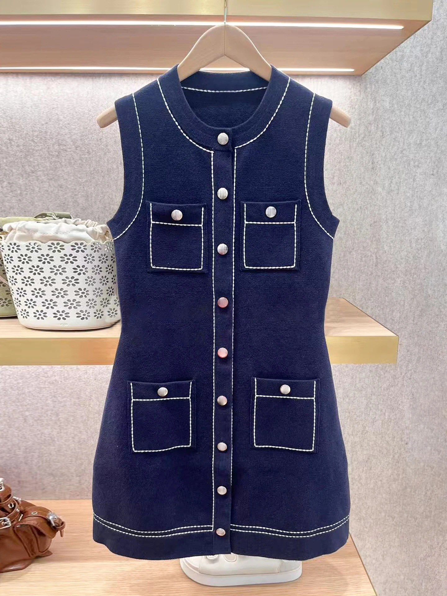 Mホームナンユー高級婦人ニットノースリーブベストワンピースウエストシェイプスモールフレグランススタイル秋コレクション