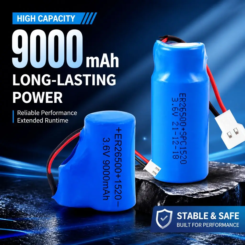 Long Life ER26500 SPC1520 3.6V Primary Battery 9Ah Li-SOCl2 Cell with Connector for Smart Water Heat Gas Meter PLC Sensor Sys