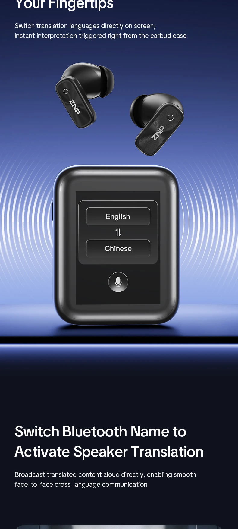 ZNP N07 AI-Übersetzungs-Wireless-Ohrhörer mit Smart-Touch-Screen, LED-Energieanzeige, In-Ear-Kopfhörer, lange Akkulaufzeit, kabellose Kopfhörer – Detail 3