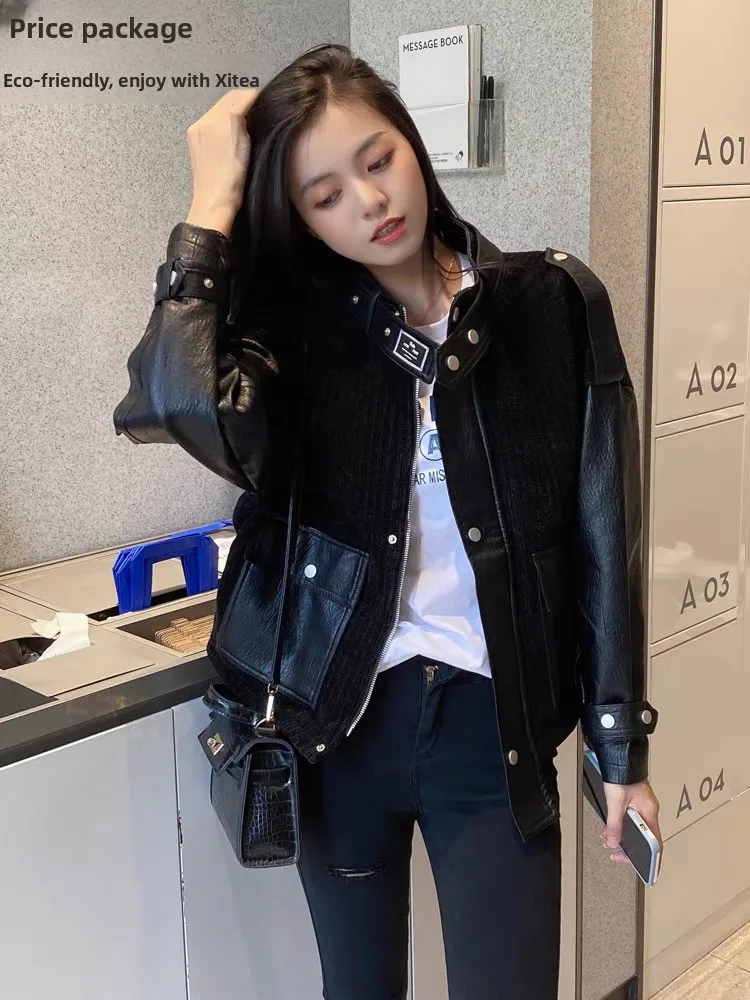المرأة Fce اصطف ort السائق Jaet بولي Leather الجلود Thiened الخريف الشتاء ملابس خارجية عادية Sle طويلة Sve سستة إغلاق