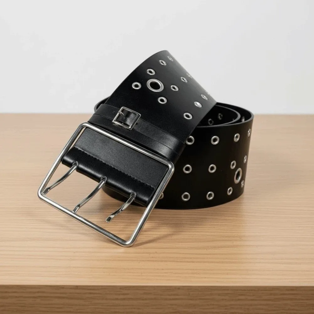 Adjustable Hollow Rivet Wide Belt Personalized Design Three Row Needle Buckle Y2K Cool Girls Belt Vintage American Style