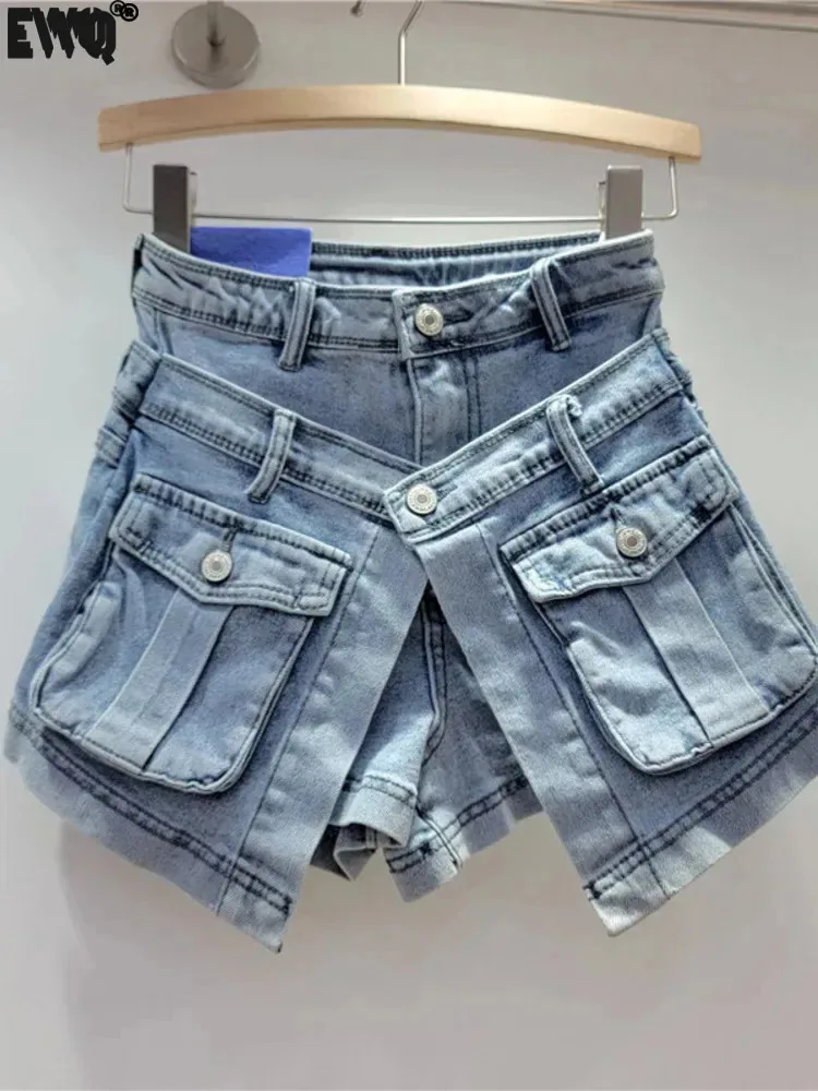 

[EWQ] New Design Multi Pockets Denim Shorts Women Layered High Waist Y2k All-match A-line Short Pants 2024 Spring Summer 16U8593