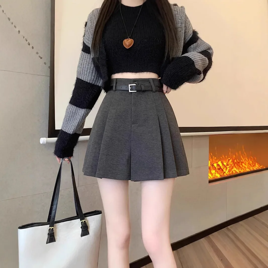 Coffee Color High-Waisted A- Line Woolen Shorts For Women 2024 New Style Autumn Winter Outerwear Boots Casual Trousers Skirt