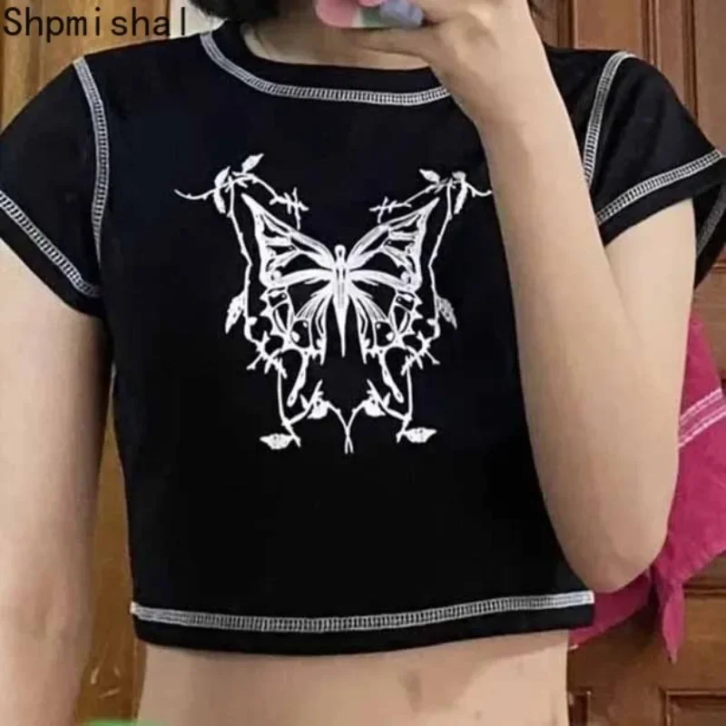 

Shpmishal 2023 New American Women's T-shirt Y2K Black Sweet Girl Slim Fit Funny Retro Pattern T-shirts Top Female Clothing