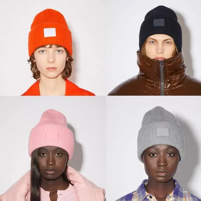 New Ac Smiling Face Hats Unisex Women\'s Autumn and Winter Bunny Solid Knitted Double Layer Studio Warm Wool Warm Knitted Beanies