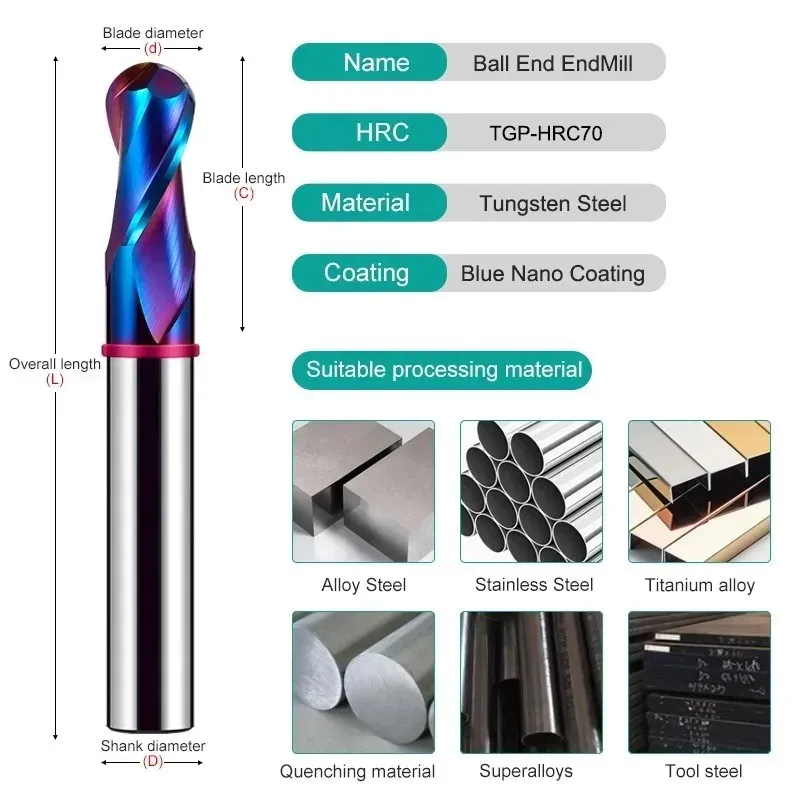 YIFINO TGP-HRC70 2F Color Circle Tungsten Steel Carbide Blue Nano Coating Ball End Milling Cutter CNC Mechanical Endmill Tools