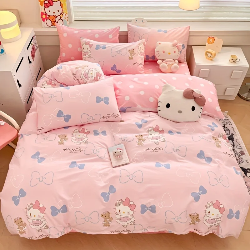 Hello Kitty Pink Girl Duvet Cover Cartoon Anime Bedding Set for Bedroom Decoration Best Gifts for Women Teens Queen King Size