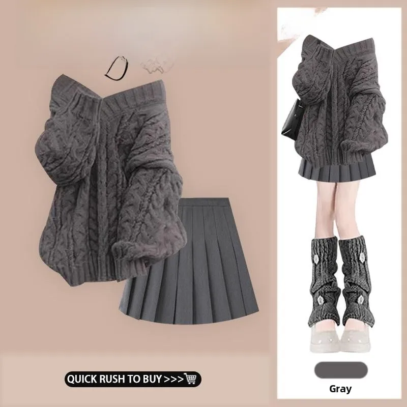 

Корейский стиль: осенне-зимний вязаный комплект из свитера и юбки, женская модная одежда, юбка с высокой талией и плиссировкой, топ с длинными рукавами, эффект стройности.