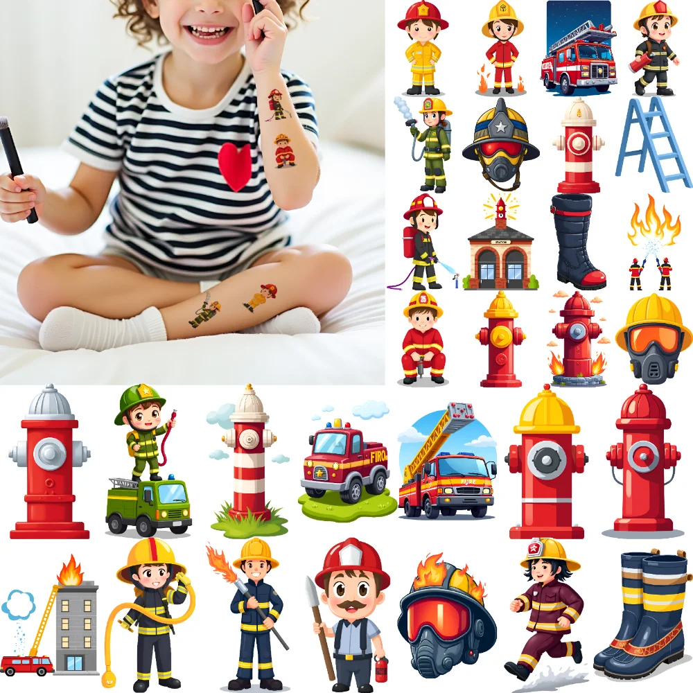 54pcs Temporary Tattoo Firefighter Stickers Temporary Tattoo Stickers Fire Truck Decals Cartoon For Men Children Adults