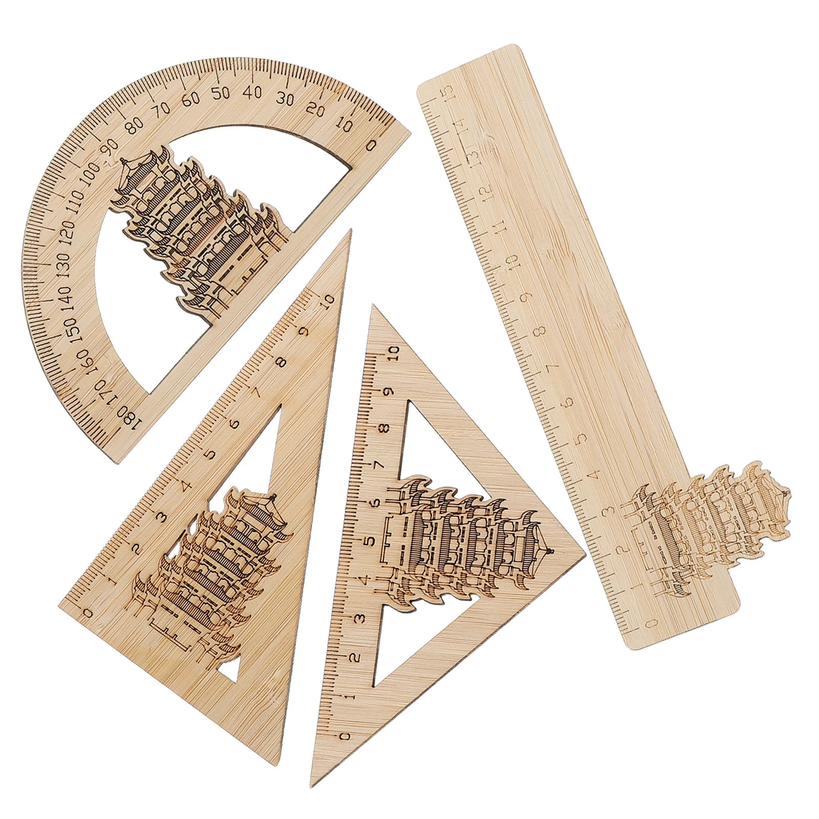

4 Pcs Bamboo Ruler Protractor Set Lightweight Portable Triangle Measurement Precision Math Engineer School Office Stationery