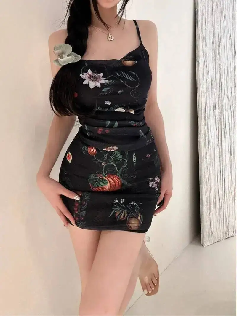 Beach Vacation Style Black Floral Suspender Dress Elegant For Women's Summer 2025 New Slim Short Sweet Tank Mini Dress Tops 6WEF