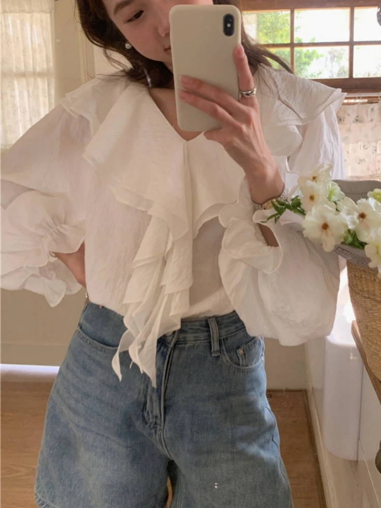 BL9888 New 2023 Elegant Lady Chic Sweet Ruffles V-Neck Fashion French Style Women Blouses Shirts Spring Summer Vintage Tops