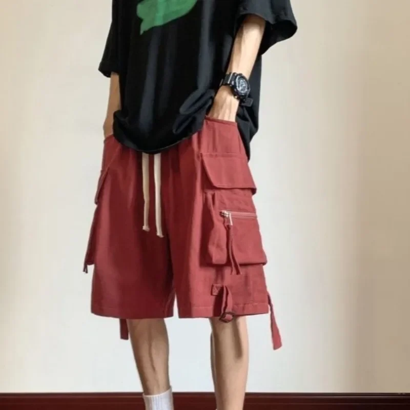 

Мужские полукороткие брюки-бермуды с эластичной резинкой на талии, однотонные мужские шорты-карго с завязками, широкие свободные мешковатые карманы, длинные джерты Y2k
