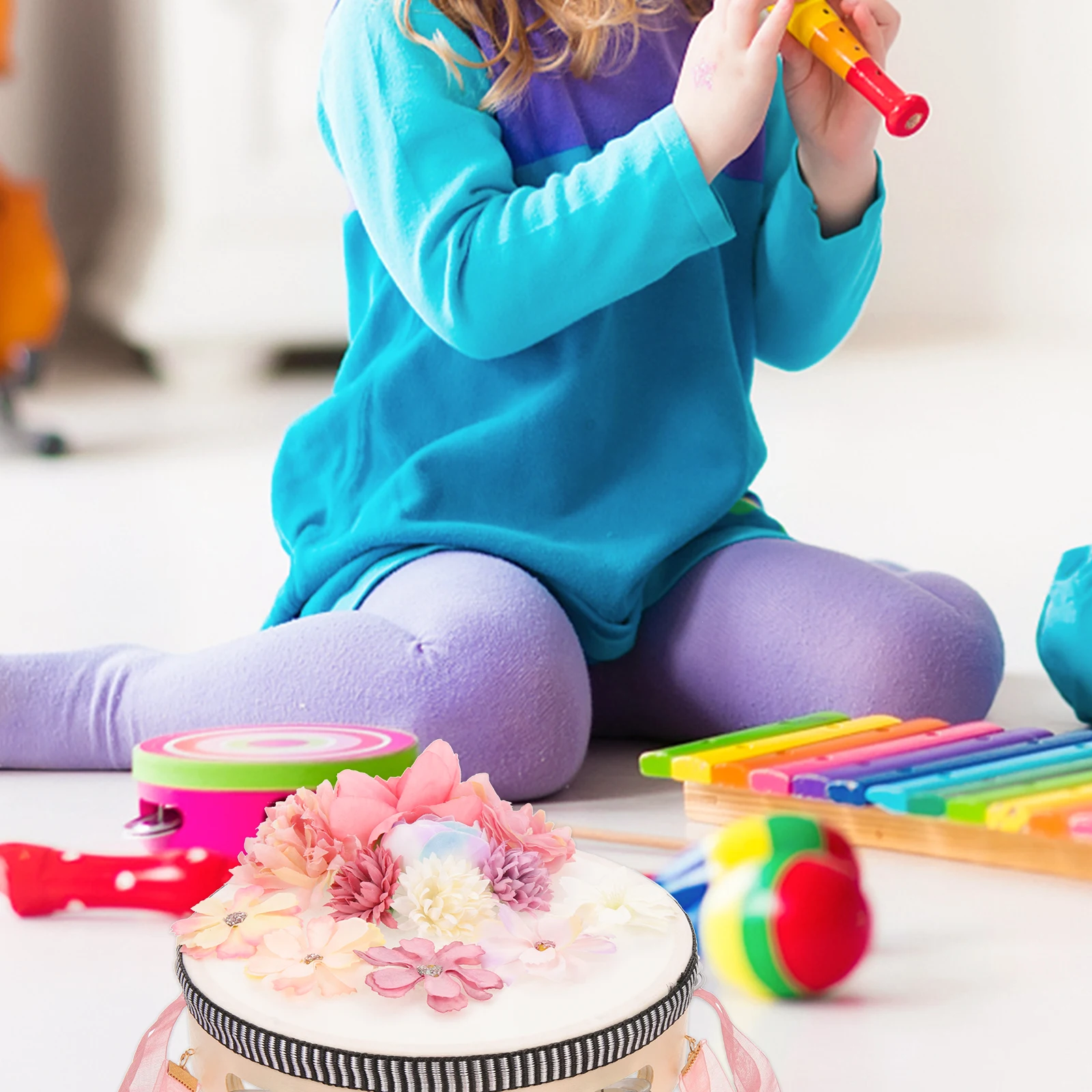 

Silk Flower Hand Drum Musical Tambourine Percussion Instrument Children's Toy 8 Inch Instruments Small Toddler Standing