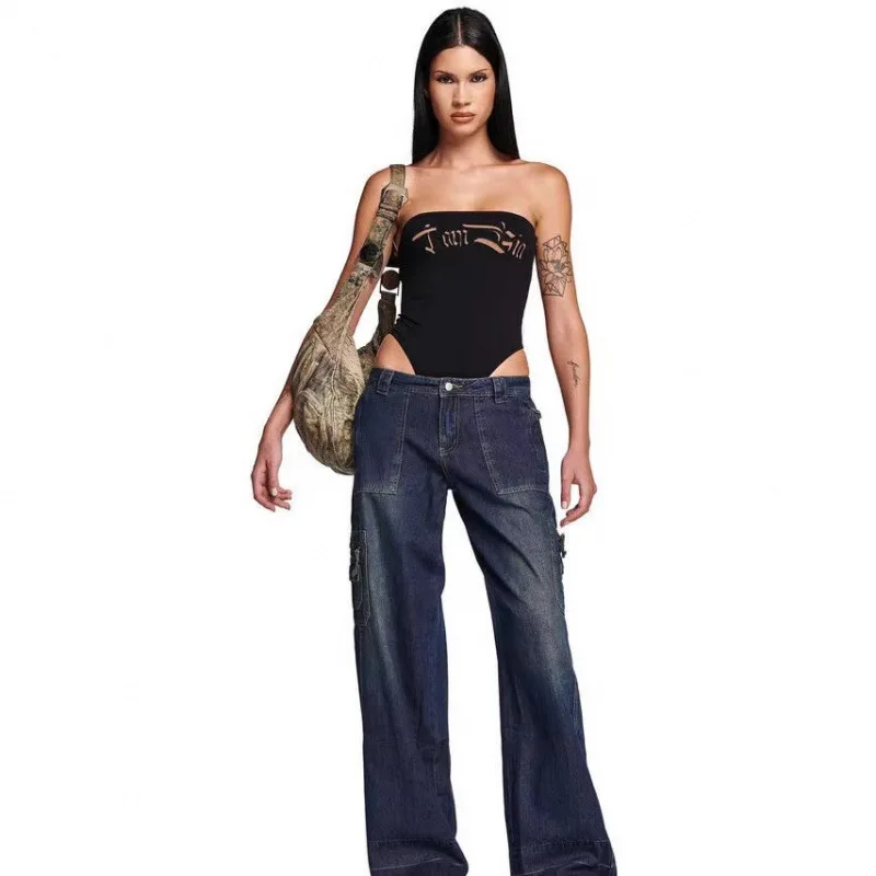 

Джинсы с низкой талией и широкими штанинами в стиле ретро, повседневные, женские, премиум-класса, из денима, с полиэстеровым волокном