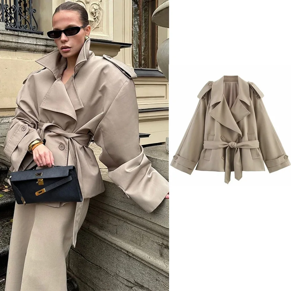 

Casual Loose Jackets Women Lapel Long Sleeves Belt Double Breasted Short Windbreaker Spring Autumn Fashion Chic Streetwears Lady