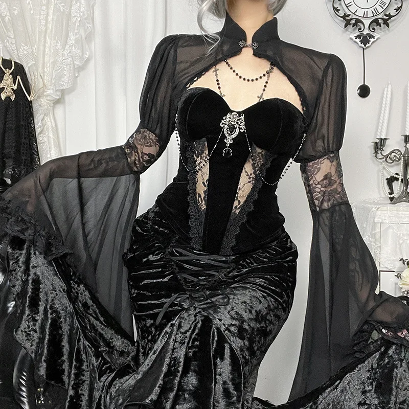 ONE TO WAN Gothic Dark Fishbone Tie Velvet Waist Seal Women Vest Elegant Gorgeous Halloween Cosplay Lace Black Crop Top Y2k