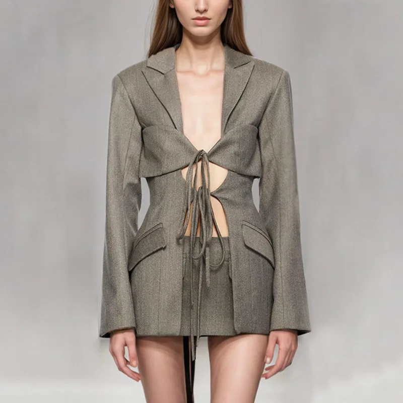 HKSH خريف جديد إمرأة شارع العليا شيك مثير موضة جيب بدوره إلى أسفل طوق الجوف خارج الدانتيل يصل بأكمام طويلة سترة غير رسمية HK7600