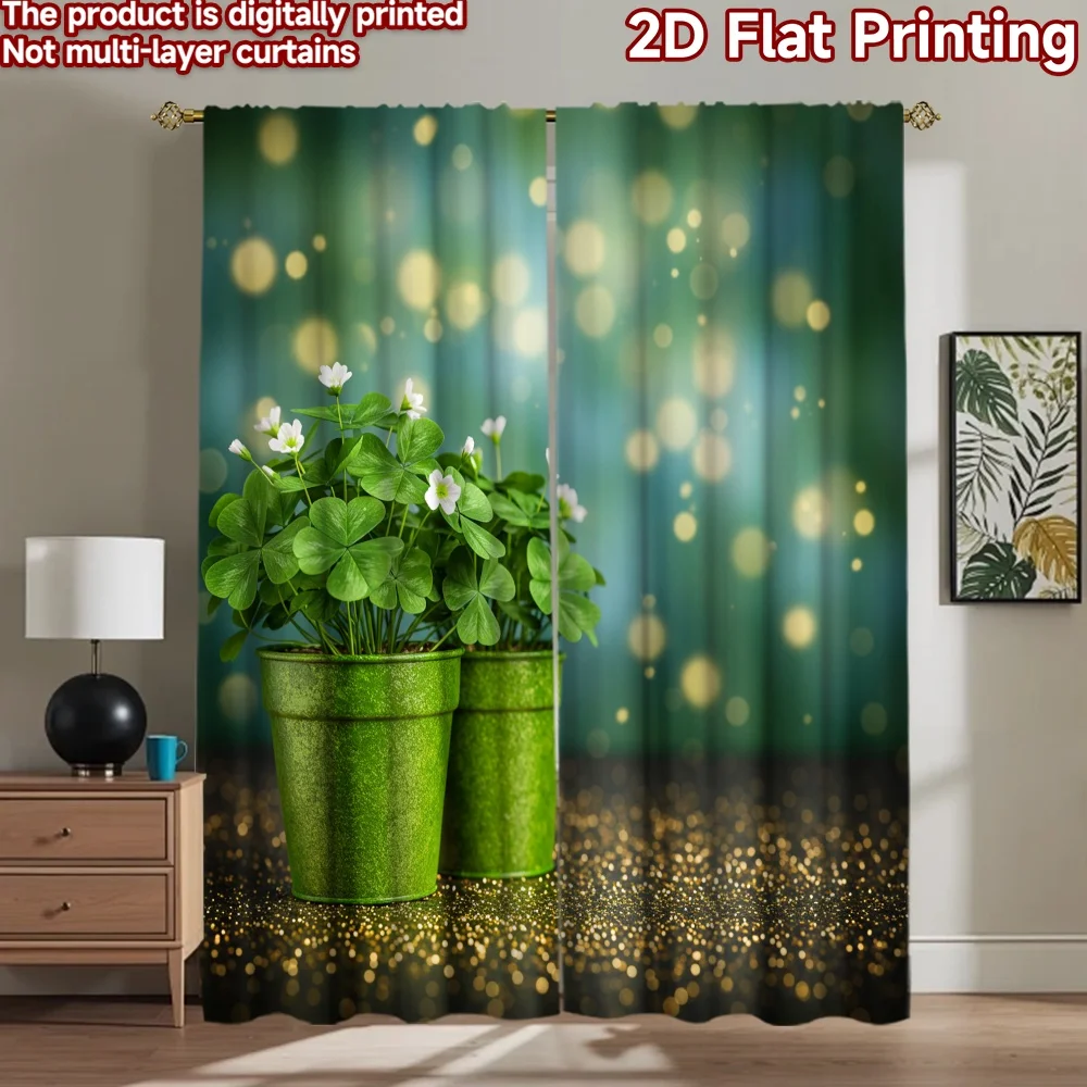 2D flat 2pcs Curtain Home Short Curtains St Patrick's Day Clover Pots Durable polyester fiber Holiday Decorations for Booths