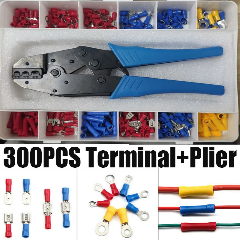 

300pcs Crimp Spade Terminal + Crimping Plier Assorted Electrical Kit Insulated Ring Fork Spade Butt Wire Cable Connector