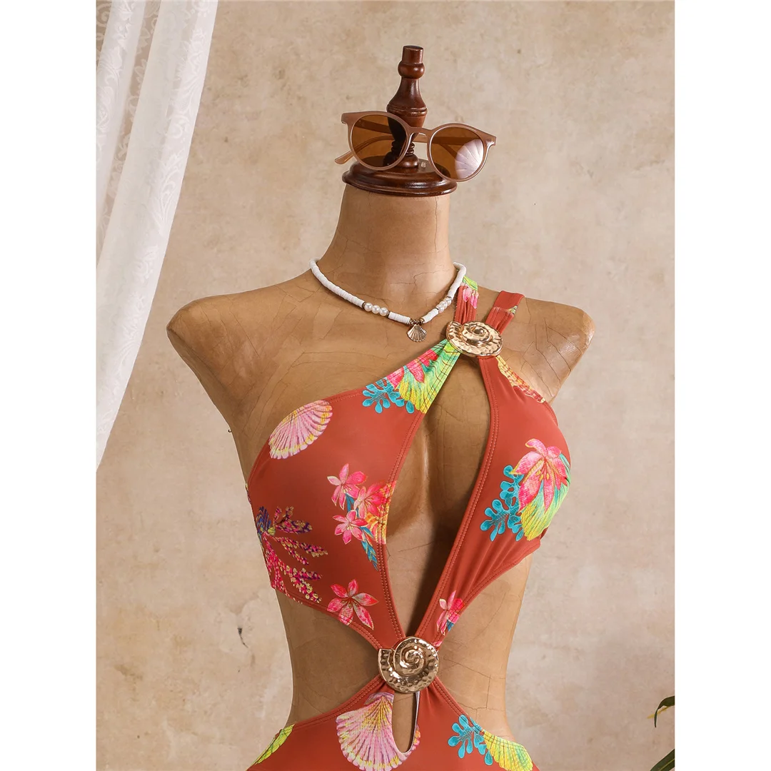 Blumenmuster, asymmetrischer Schnitt, einteiliger Badeanzug für Damen, One-Shoulder-Design, mit Ausschnitten, Monokini, Badebekleidung, Badeanzug, Modell V8370. – Detail 15