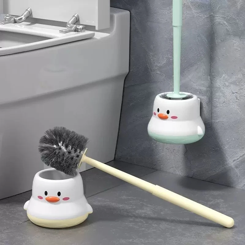 Cartoon Chick Plastic Toilet Brush with Base No-dead-angle Bathroom Cleaning Brush Cartoon Long-handle Toilet Cleaning Set New
