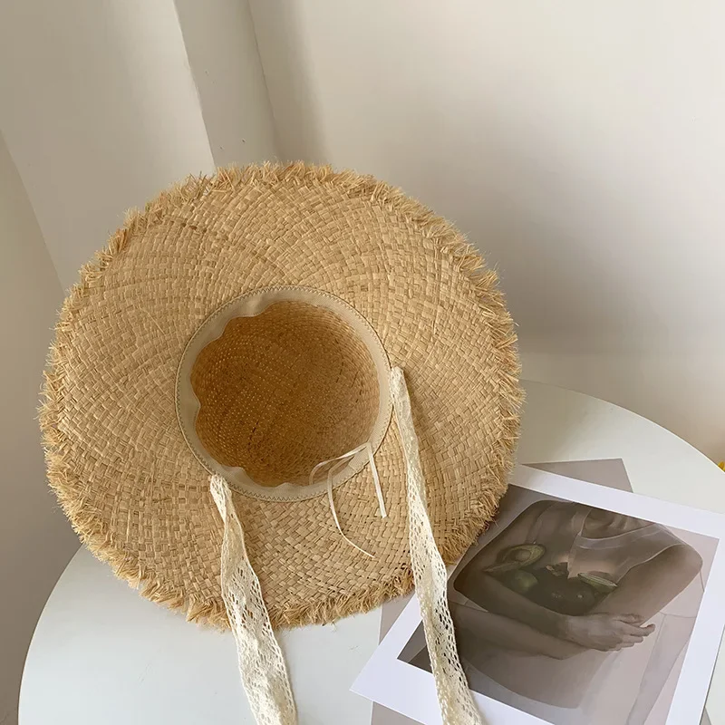 Sweet lace Straps Summer Straw Hat Handwoven Lafite Sun Hat Retro Travel Sunscreen Beach Vacation Hat for Adult Holidays