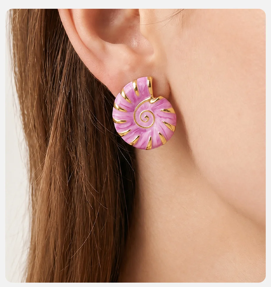 Vnox Ozean-Stil Kreative Muschel-Ohrstecker mit farbigem Emaille für Damen, vergoldet, Tropfenöl-Muschel-Ohrringe, Boho-Strandschmuck – Detail 2