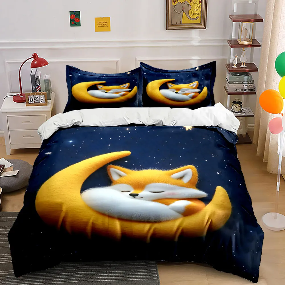 Dreamy Fox on Crescent Moon Print Soft Comfortable Duvet Cover Bedding Set Included 1*Duvet Cover 2*Pillowcases Luxury gifts