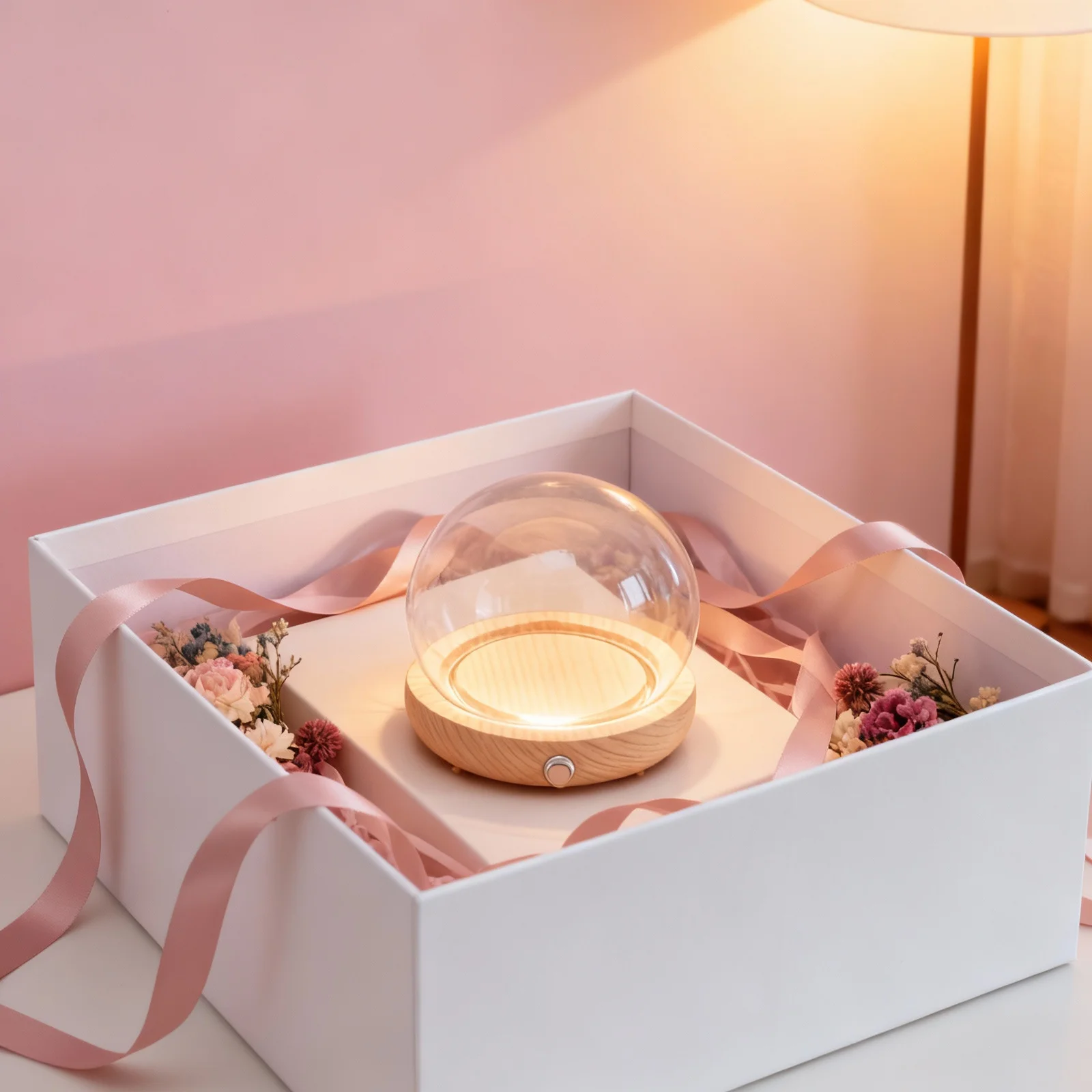 

1Set Glass Dome Display Case Preserved Flower Cover Transparent Glass Dome with Glowing Wooden Base Home Decor Display Cloche