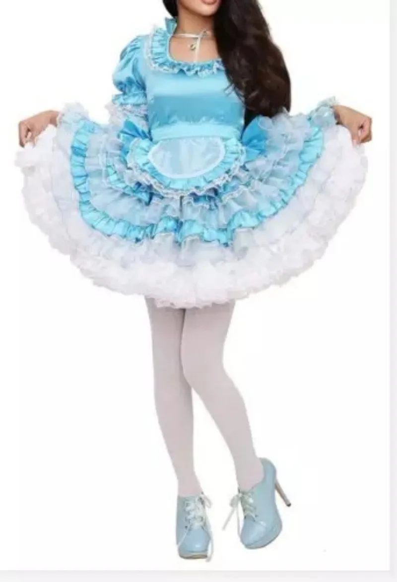 

Sexy sissy French maid blue satin lockable multi-layer lace fluffy ruffle edge dress maid cosplay costume customizable