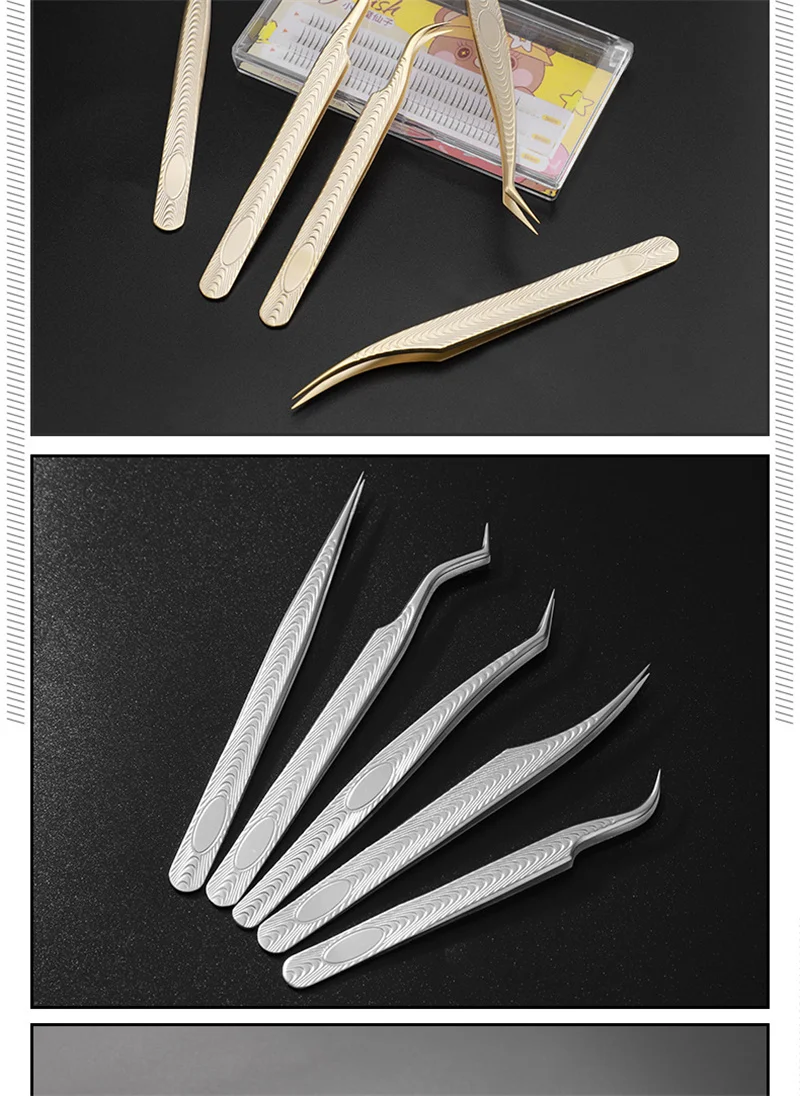 5-teiliges Wimpernverlängerungs-Pinzetten-Set, Wimpernapplikator-Werkzeug, Edelstahl, gebogen, gerade, für falsche Wimpern, Clip, Make-up, Nagelkunst-Werkzeuge – Detail 4