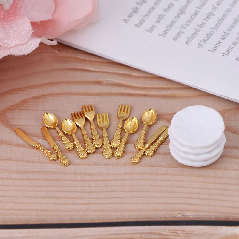 

12PCS/set Vintage Dollhouse Miniatures Tableware Ceramic plate Knife Fork Spoon