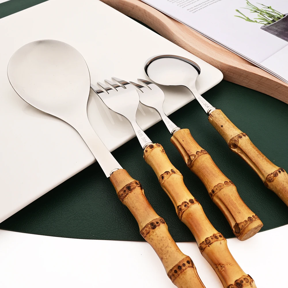 Drmfiy Stainless Steel Flatware Natural Bamboo Handle Dinnerware Vintage Salad Server Fork Spoon Cutlery Set Kitchen Tableware