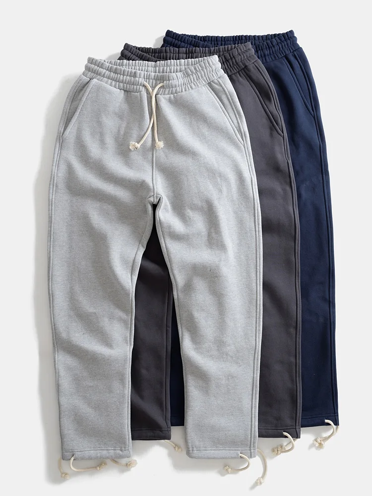 

Новые зимние толстые бархатные однотонные спортивные штаны в американском стиле ретро, мужские простые повседневные спортивные прямые брюки из 100% хлопка с завязками