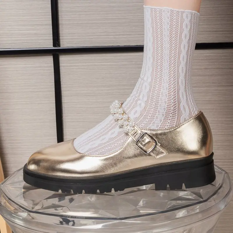 

ORCHA LISA Fashion Brand Women Mary Janes Flats Round Toe Buckle Strap Crystal Gold Classic Daily Small Size 31 For Girl's Shoes