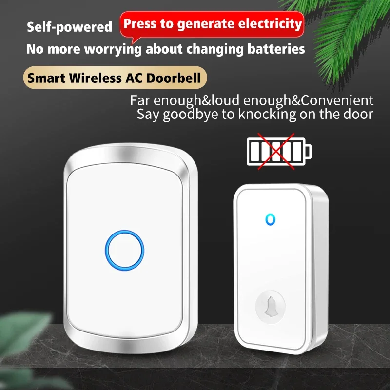 CACAZI Wireless Doorbell No Battery required Waterproof Self-Powered Door bell Sets Home Outdoor Kinetic Ring Chime Doorbell