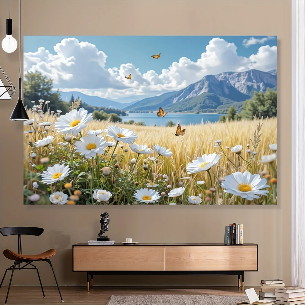 Ein Wandteppich mit dem Motiv „Serene White Flowers and Mountain Scenery“ – aus Polyesterfasermaterial